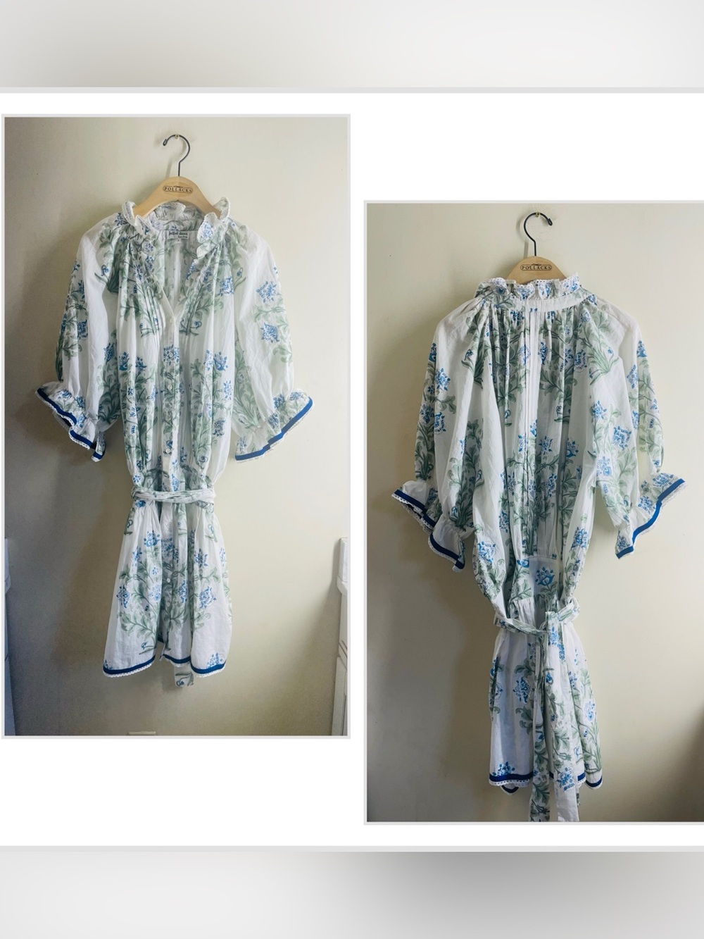Juliet Dunn Rose Blouson Dress Size 3 (L) Blue Floral Cotton Belted Mini